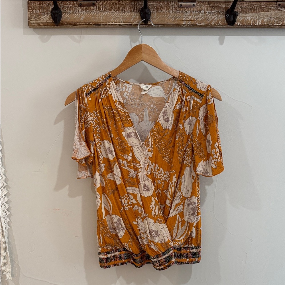 Anthropologie Mustard Floral Surplice Blouse